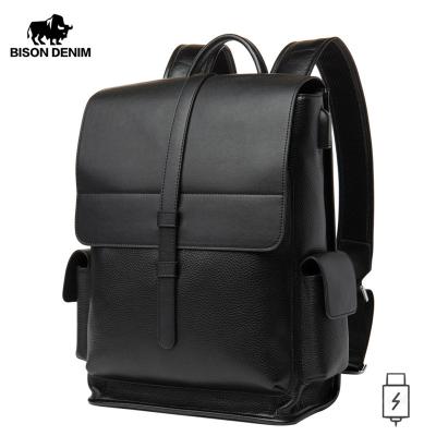 China BISON DENIM Laptop Inch Motion Sensing Waterproof Daypack USB Charging School Bag Travel 14 Bag Genuine Leather Backpack Men Backpack for sale