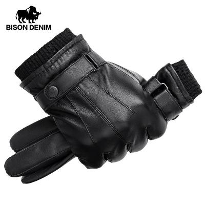 China Genuine TWILL BISON DENIM Men's Sheepskin Leather Gloves Autumn Winter Warm Touch Screen Full Finger Black Gloves for sale