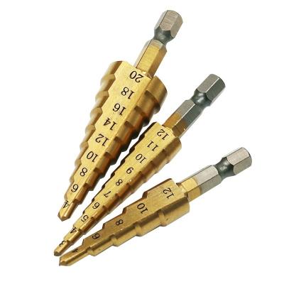 China Metric Drilling 3Pcs HSS 4241 Spiral Wood Pipe Steel Pagoda Shape Hole Cutter 4-12mm 4-20mm 4-32mm Hex Shank HSS Cone Step Drill for sale