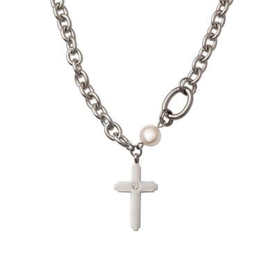 China Hiphop Hip Hop Pearl Casual Chain Necklace OT Buckle Stainless Steel Cross Pendant Linked Necklace for sale