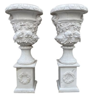 China Wholesale Modern Garden Planter Classic Hand Carve Marble Flower Pot Whit Little Angel Statue for sale