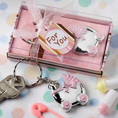 China Wedding Baby Favors Cute Pink Baby Carriage Design Key Chain in Gift Box Perfect for Birthday Party Giveaways Newborn Baby Shower Favors for sale