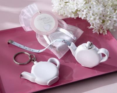 China Wedding Baby Favors Wholesales Love Is Brewing Mini Teapot Measuring Tape Keychain In Organza Bag Wedding Favors for sale