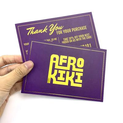 China Custom Business Low Moq 100 Pcs Support Purple Greeting Card Matte Paper Gold Foil Hot Stamping Thank You Cards for sale