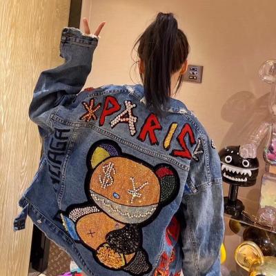 China 2021 Heavy Industry New New Heavy Industry Drill Spring Anti-wrinkle Station Female Loose Fashion Bear European Early Warm Cowboy Coat for sale