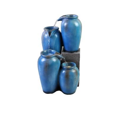 China Home Garden Decoration Garden Water Fountains Resin Four Barrel Blue Glaze Ceramic Solar Water Fountain With Warm Light for sale