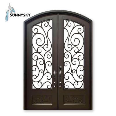 China Rustic anti-theft wrought iron entry doors with double wrought iron security glass doors for sale