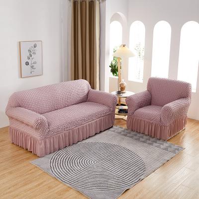 China Modern Customized Solid Color Cotton Seersucker Popcorn Sofa Cover Living Room Combination Elastic Anti Slip Sofa Dust Cover for sale