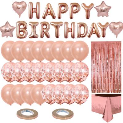 China gold/god/creative pink rose/blue confetti latex and silk letter happy birthday party rain tablecloth birthday balloon set for sale