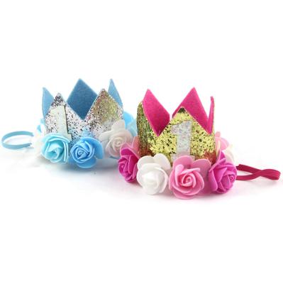 China With Dot Down Baby Princess Tiara Crown Kids First Birthday Hat Sparkle Gold Flower Style for sale