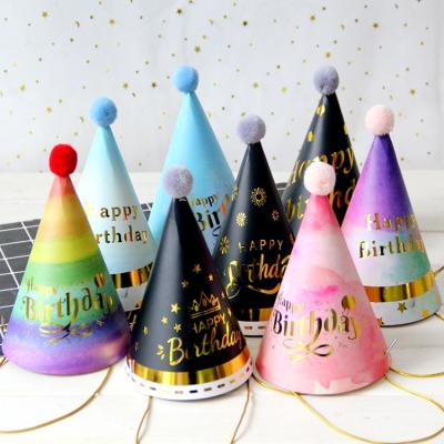 China With Gold Happy Birthday Cone Party Hats Dot Fluff Birthday Party Hats Fun Celebration Kit For Kids Birthday Party Decorations for sale