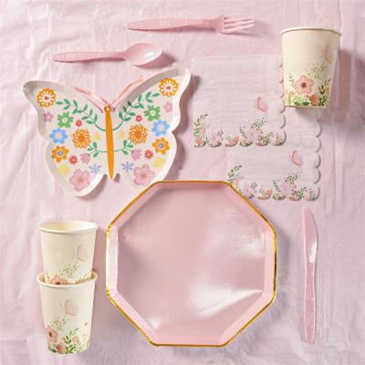 China Dish Cup Frok Spoon New Design Custom Butterfly Tableware Kit Set Pink Disposable Paper Plate Dinnerware Set For Birthday Party Decoration for sale