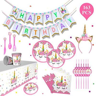 China Unicorn Theme Party Supplies Banner Paper Soup Plates Fork Etc Guests Set 16 Dish Cup Tableware Cake Topper For Girl Birthday Party Decoration for sale