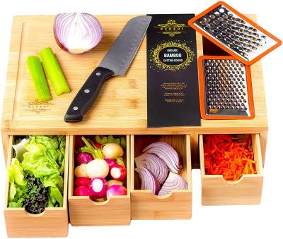 China Large Sustainable Cutting Board With Storage For Kitchen Bamboo Chopper With Box Of 4 Slilding Storage Drawer Trays for sale