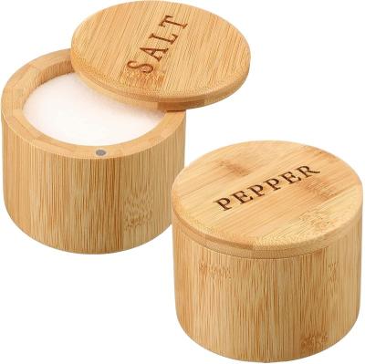 China Eco-Friendly Steamable 2 For 1 Pieces Set Round Shape Bamboo Wooden Pepper Box Salt Container Spice Storage Box With Lid for sale