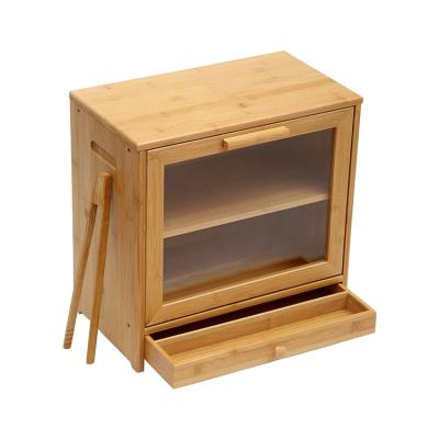 China Sustainable High Quality Bamboo Kitchen Bread Bin Storage Box With Adjustable Stained Glass 2 Grids Bread Box for sale