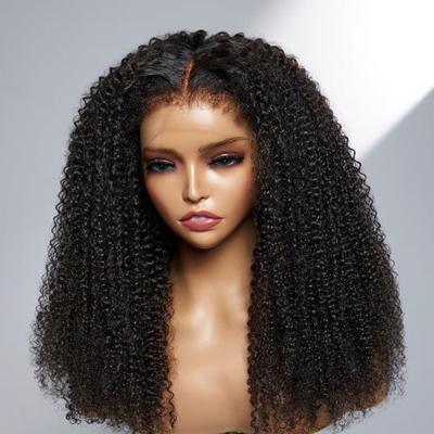 China Soft Smooth Thick Barely Shedding Wholesale Cheapest HD Glueless Lace Frontal  Natural Raw Peruvian Human Hair Kinky Curl Front Wig For Black Women for sale