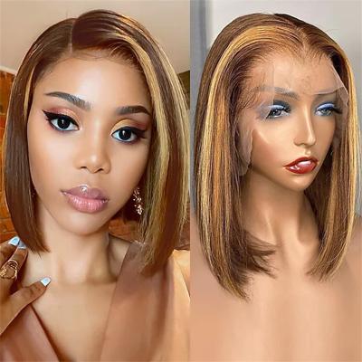 China Soft Smooth Thick Barely Shedding Short Bob Wig Human Hair Honey Blond Ombre Colored Lace Front Human Hair Wigs For Women 13x4 Straight Lace Frontal Wig for sale