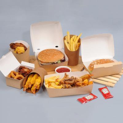 China Wholesale Custom Size Disposable Eco-friendly Brown Disposable Kraft Take Away Food Packaging Box For Hamburguer French Fries Fried Chicken for sale