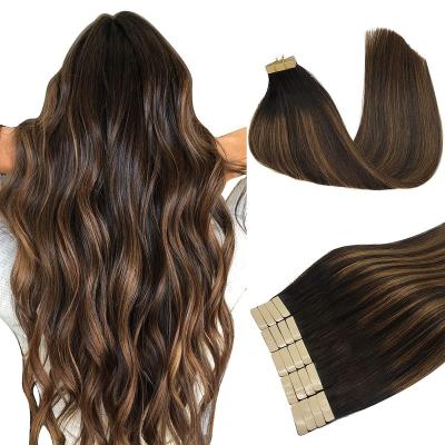 China Easy Apply Tape In Remy Balayage Dark Brown Hair Extensions To Natural Chestnut Brown Hair Extensions for sale