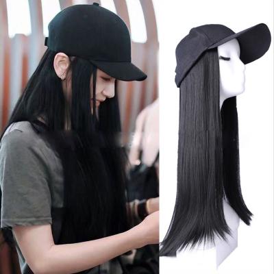 China Easy Apply Synthetic Long Straight Baseball Cap With 70cm Black Hair Wig Caps With Hair Extensions for sale