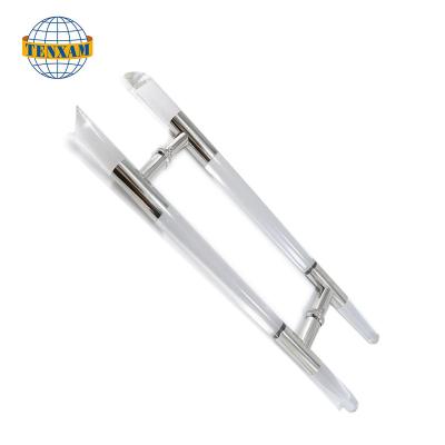 China Modern Crystal Handle Round Stainless Steel Pipe Connector H Shape Glass Pull Sliding Door Handles Fittings for sale