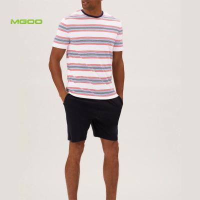 China MGOO QUICK DRY pure cotton striped short sleeve t-shirt and drawstring shorts men's plain pajamas set ideal for snoozing or lounging for sale