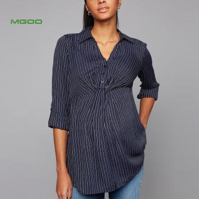 China MGOO Custom Anti-Allergy Convertible Sleeve Maternity Shirt Blue Striped Maternity Tops Notch Collar Nursing Clothes for sale