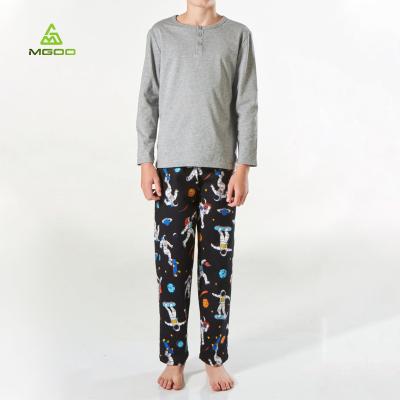 China 100% Custom Cotton Pajama Boy Long Sleeve Henley Pajama Tee And Space Graphic MGOO Pants Set for sale