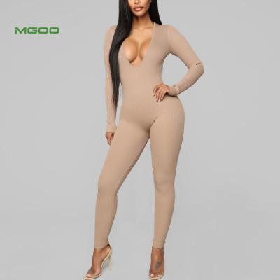 China Custom QUICK DRY MGOO Ribbed Knit Long Sleeve With Long V Neck Romper for sale