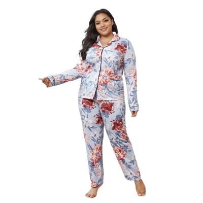 China New QUICK DRY large size women's pajamas plus fat women's pajamas set 2 pieces flower size lapels for sale