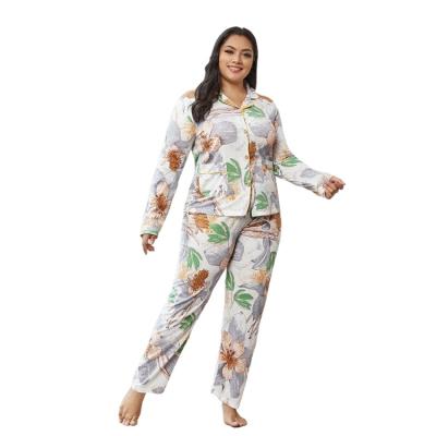 China New QUICK DRY Plus Size Women's Pajamas Women's Cotton Lapel Flower 2 Pieces Set Fat Women's Pajamas for sale