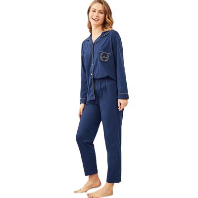 China Lovely QUICK DRY Summer Pajamas Lady Girl Soft Polyester With Pocket Embroidered Lapels Long Sleeve Two Piece Pajamas Home Dress For Woman for sale