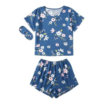 China QUICK DRY Floral Print Short Sleeve Shorts With Eye Mask Women's Pajamas Home Wear 3 Piece Set Nightgowns Summer Round Neck Garment DYE for sale