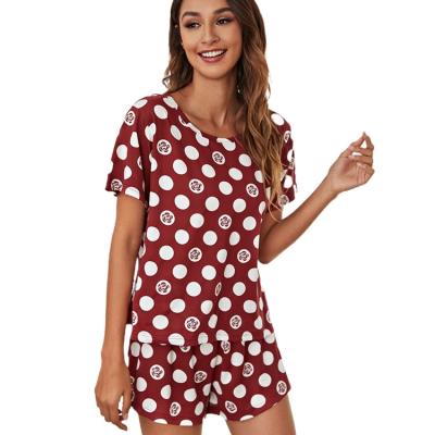 China Girls Polka Dot Pink Short Sleeve Shorts Women QUICK DRY Pajamas Loose Summer Home Three Piece Wear Nightgowns Around Neck Garment DYE for sale