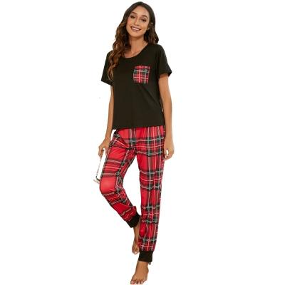 China 2022 New Ladies Summer Pajamas Milk Red Square Pants Set QUICK DRY Silk Black Short Sleeve Pajamas Tops for sale