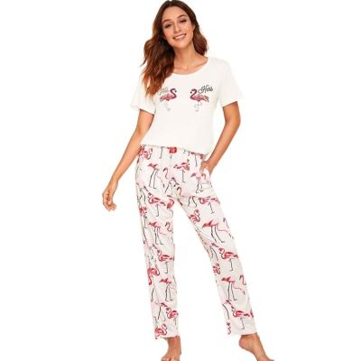 China 2022 Summer New Women's QUICK DRY Pajamas White Flamingo Pattern Long Sleeve Short Pants Set for sale