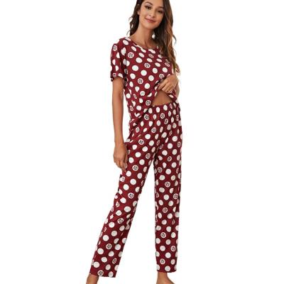 China Cute Girl Wearing Eye Mask QUICK DRY Women's Pajamas Loose Loungewear Long Pants Set Polka Dot Pink Short Sleeve Nightgowns Summer Woven for sale