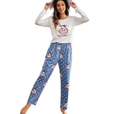 China QUICK DRY Cow Pattern Ladies Pajamas Long Sleeve Ladies Casual Cute Loungewear Set Long Pants for sale