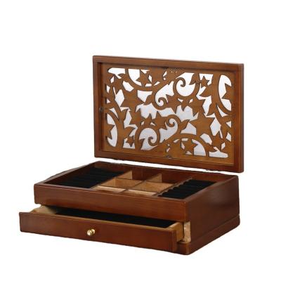 China Factory Wholesale Pine Wood Storage Walnut Jewelry Ring Box Wooden Jewelry Box With 2 Layers Lid Mirror for sale