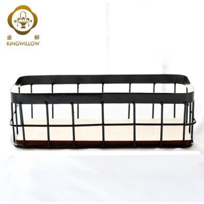 China Sundries Rectangle Black White Metal Wire Storage Basket With Wood Bottom for sale