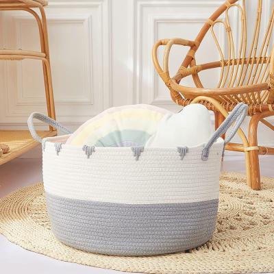 China Kingwillow Baby Kids Toy Gift Laundry Basket With Handmade Folding Woven Cotton Rope Baskets Extra Large Storage Baskets Foldable Handles for sale