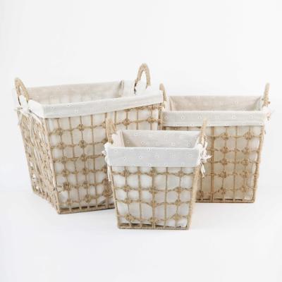 China Kingwillow Square Folding Hand Made Cotton Rope Storage Basket With Liner Set Of 3 for sale