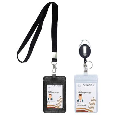 China 100% Clear PVC Plastic Card Badge Holders Lanyard Solid Color Zinc Alloy Reel Badge Eco-friendly Black Retractable PU Leather Card Cover for sale