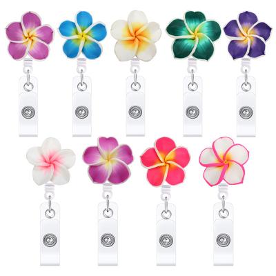 China Small fresh retractable frangipani reel handmade soft pottery flowers badge holder ID card badge holder for sale