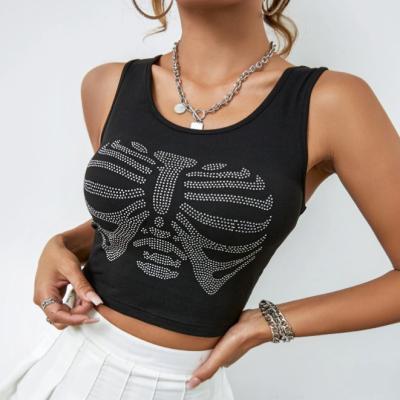 China New Y2K QUICK DRY Casual Women's Tank Tops Custom Rhinestone Logo Sleeveless Cropped Sexy Black Knit Crop Tank Top For Women for sale