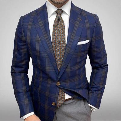 China New Anti-wrinkle Chinese manufacturer blue flat lapel collar sute for man's jackets plaid stain daily formal men's suit jacket for sale