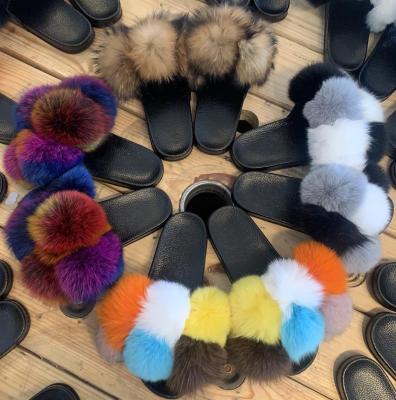 China Fashion Trend Colrful Raccoon Kids Fur Slides Custom Faux Fox Fur Slides Slippers For WomenSix Ball Fox Fur Slippers for sale