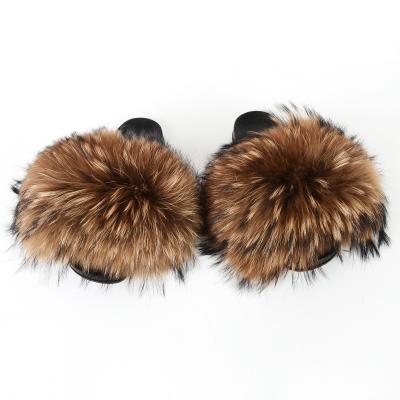 China Wholesale real fuzzy fur scandal fashion trend kid fluffy pink fur slides fox raccoon fur slides for woman for sale