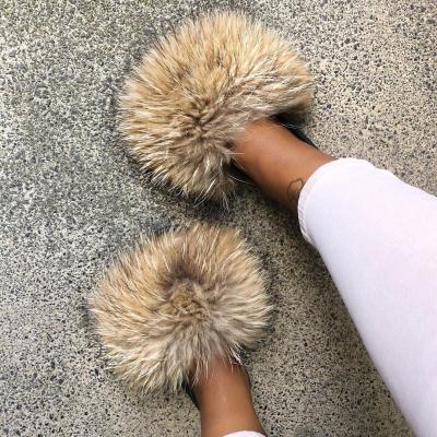 China Fashion Trend Raccoon Kids Fur Slips Raccoon Fur Slips Fur Slippers For Women for sale